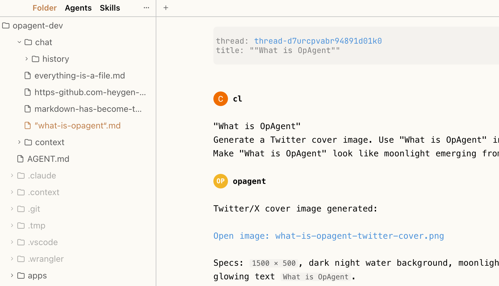 OpAgent conversation saved as Markdown
